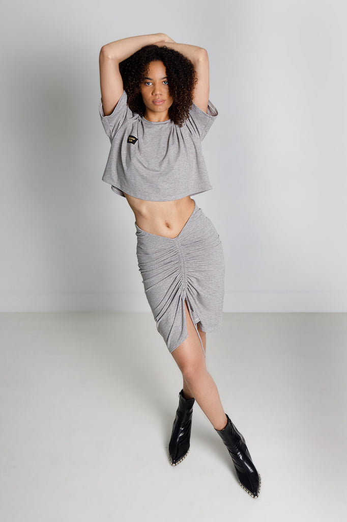 Gray dipped waist skirt with drawcord