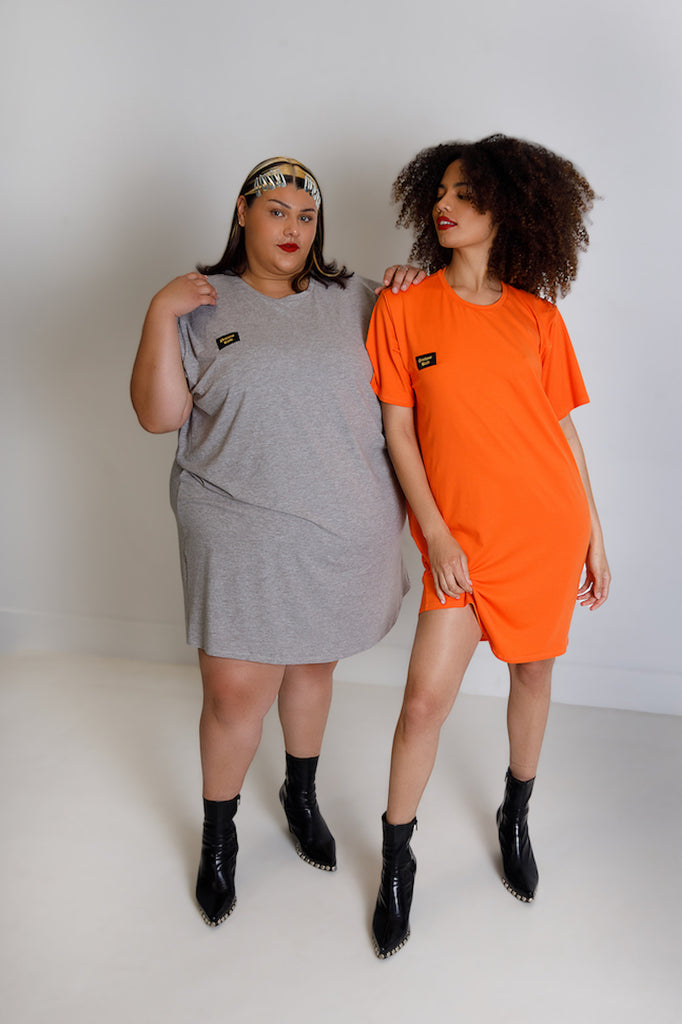Orange and gray above the knee t-shirt dress